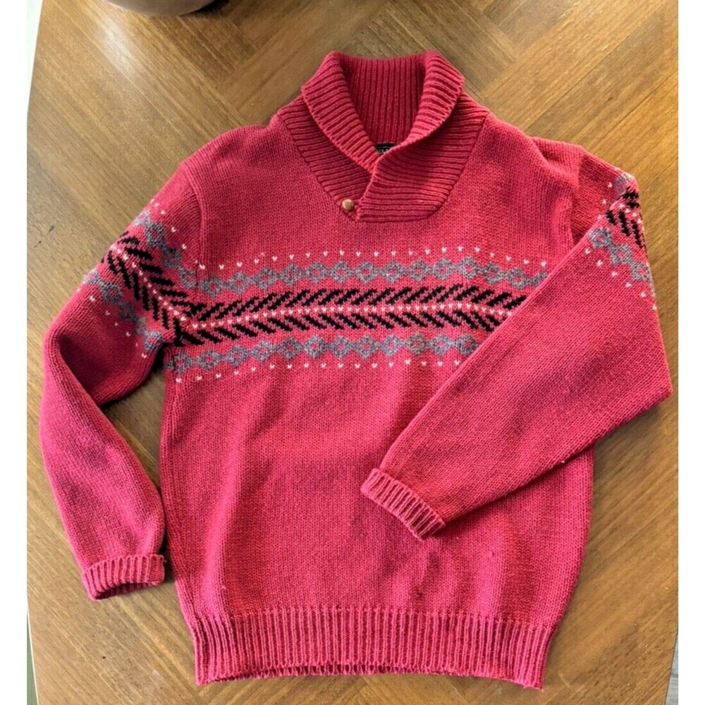 1980s Neil Martin Shetland Wool Red Sweater L Mens Shawl Collar Pullover